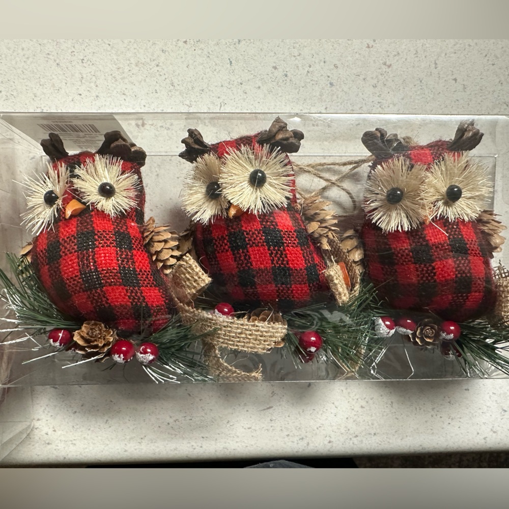 Hobby Lobby Red and Black Plaid Owl Ornaments